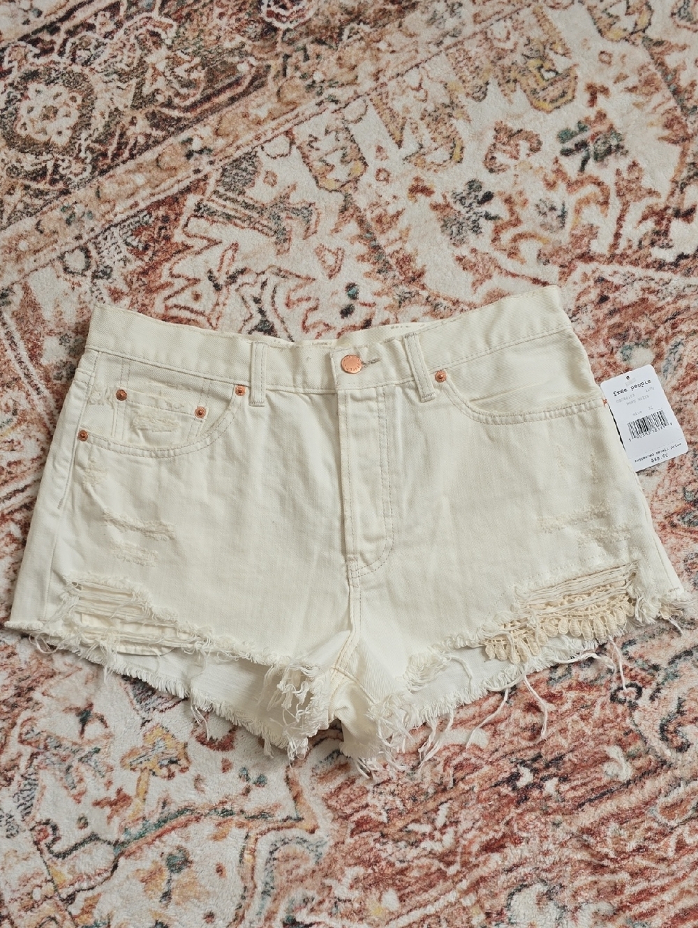 Free People Cream Distressed Denim Mini Cut Off Shorts Size 31